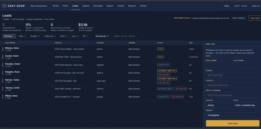 The Easy Shop leads screen, showing each lead's state, age and who owns the follow-up