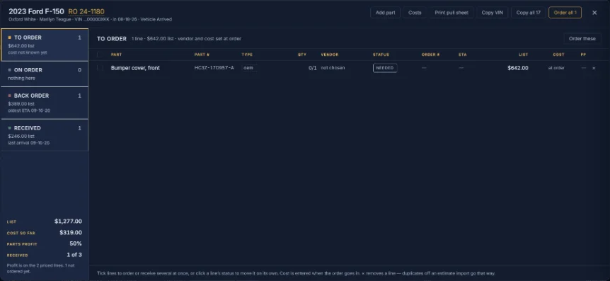 Parts tracking in Easy Shop, with lines grouped by order status and their vendor, order number and ETA